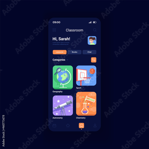 Online classes night mode smartphone interface vector template. Distance learning. Service for students. Mobile app page design layout. Remote education screen. Flat UI for application. Phone display