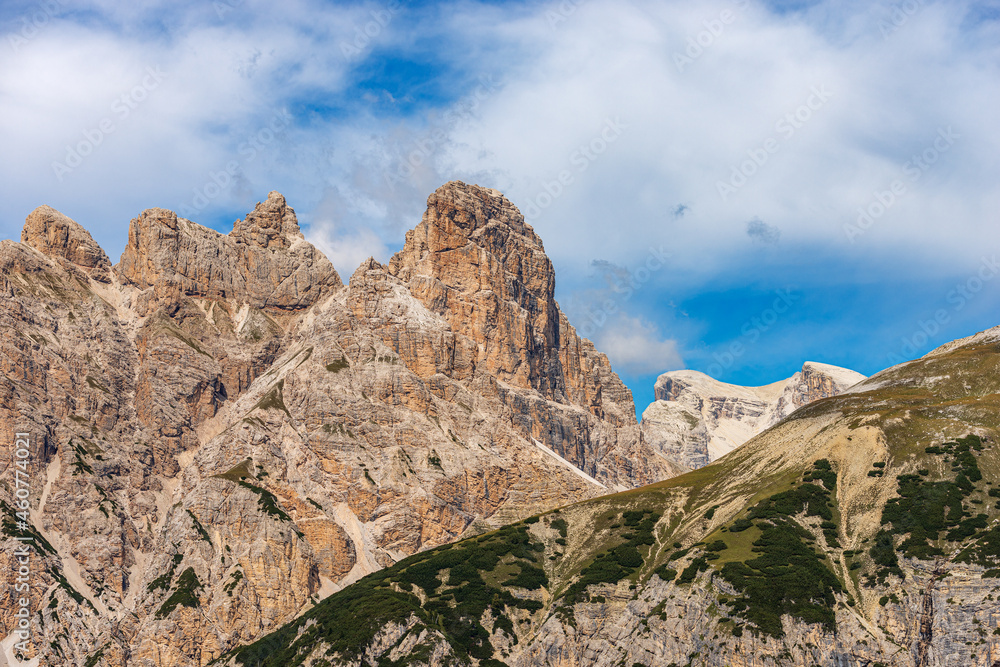 Mountain peaks of Sexten or Sesto Dolomites in front of Tre Cime di Lavaredo, Monte Rudo or Rautkofel, Croda dei Rondoi or Schwalbenkofel and Cima Piatta Alta. Trentino-Alto Adige, Italy, Europe. 