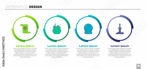 Set Ancient magic book, Witch cauldron, Magic ball and Sword in the stone. Business infographic template. Vector