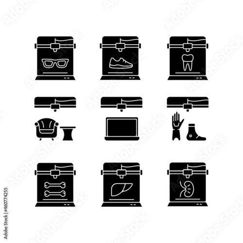 Additive manufacturing black glyph icons set on white space. Producing 3d models. Printed prosthetics. Innovation in biomedical field. Bioprinting. Silhouette symbols. Vector isolated illustration