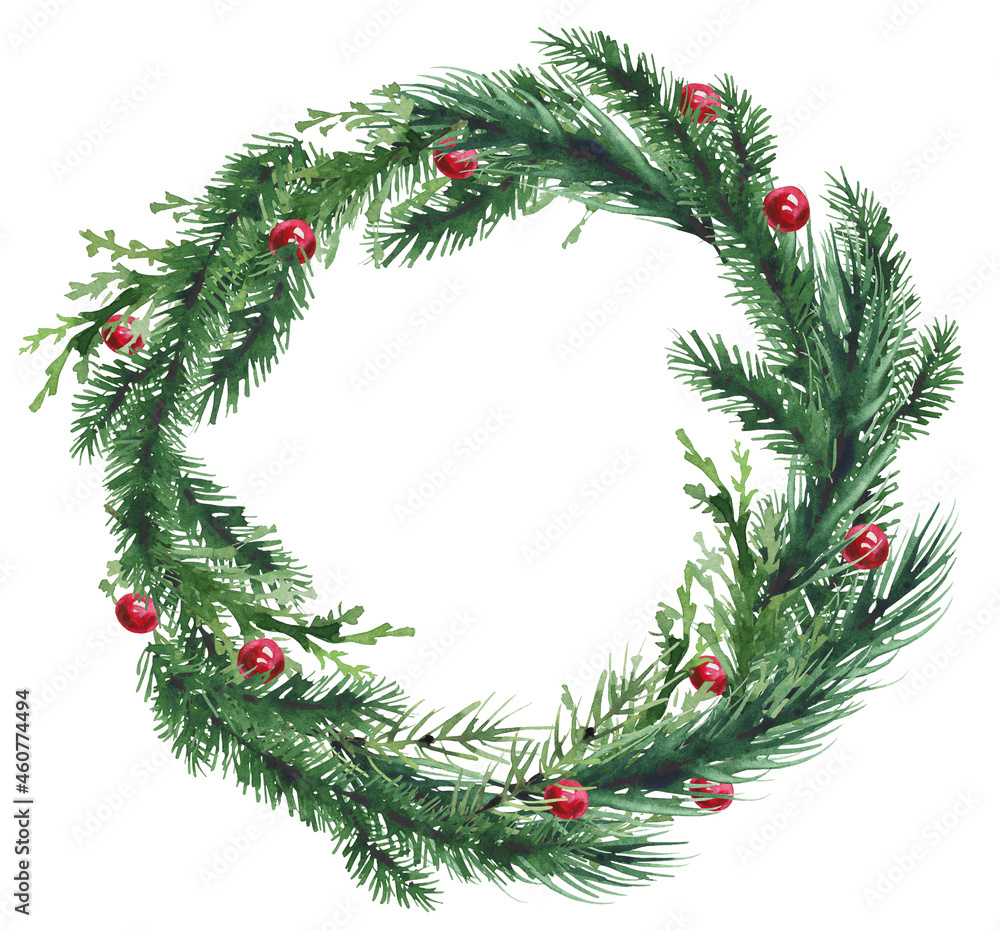 Christmas fir tree and red balls wreath border frame. Watercolor hand drawn painted illustration on white background. Water colour drawing. Christmas fir tree and red balls wreath border frame. Watercolor hand drawn painted illustration on white background. Water colour drawing.