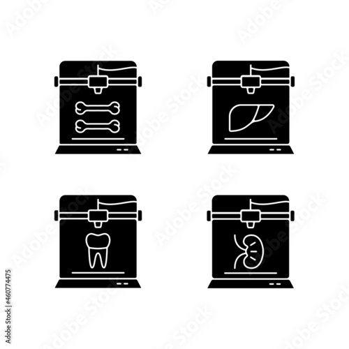 Three dimensional bioprinting black glyph icons set on white space. Biotech printing project. Bone model. Create artificial organ. Dental implants. Silhouette symbols. Vector isolated illustration