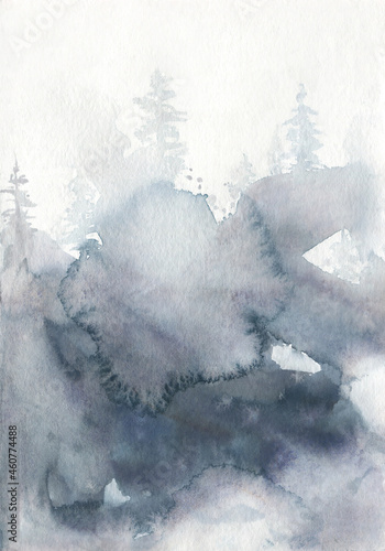 Abstract gray foggy forest. Watercolor hand drawn painted illustration on white background. Water colour drawing.