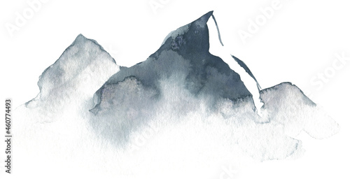 Abstract gray foggy mountains. Watercolor hand drawn painted illustration on white background. Water colour drawing.