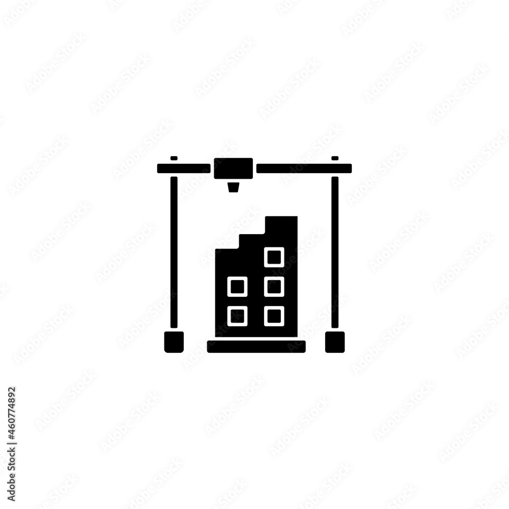 3d printed building design black glyph icon. Architectural 3d model. Housing development. Additively manufactured architecture. Silhouette symbol on white space. Vector isolated illustration 3d printed building design black glyph icon. Architectural 3d model. Housing development. Additively manufactured architecture. Silhouette symbol on white space. Vector isolated illustration