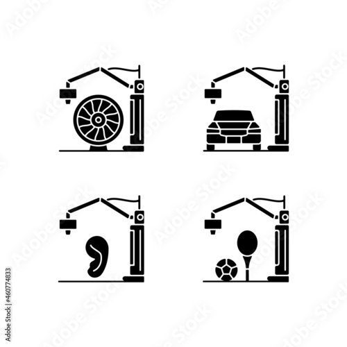 Manufacturing process black glyph icons set on white space. 3d printed car. Aerospace industry. Artificial human ear. Functional sport equipment. Silhouette symbols. Vector isolated illustration