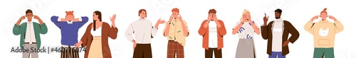 People closing and plugging ears with hands and fingers, ignoring annoying sounds and noise. Sensitive characters avoiding hearing and listening set. Flat graphic vector illustration isolated on white