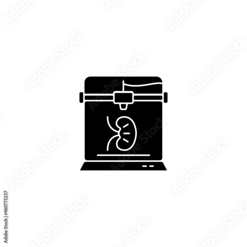 3d printed kidney black glyph icon. Developing 3d organ structure. Biomedical engineering. Transplantable artificial kidney. Silhouette symbol on white space. Vector isolated illustration