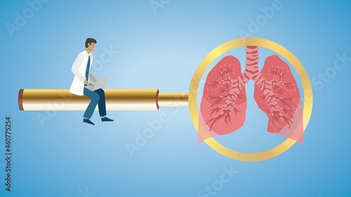 Man sitting on golden magnifying glass. Lungs in lens. Vector illustration. Dimension 16:9. EPS10.
