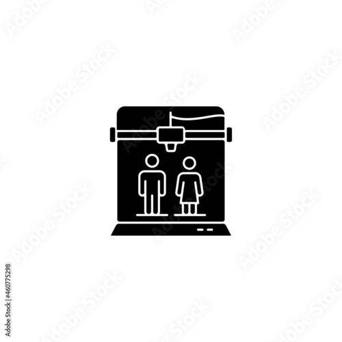 3d printed selfies black glyph icon. Three-dimensional printed figurines. Produce person replica. Create miniature statues. Silhouette symbol on white space. Vector isolated illustration