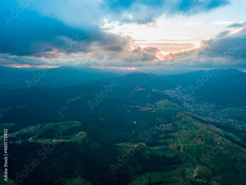 Sunset in the mountains. Ukrainian Carpathians in the evening. Aerial drone view. © Sergey