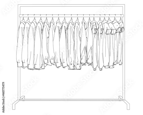 Outline of clothes hanging on a hanger isolated on white background. Clothes on a hanger in the store. Vector illustration