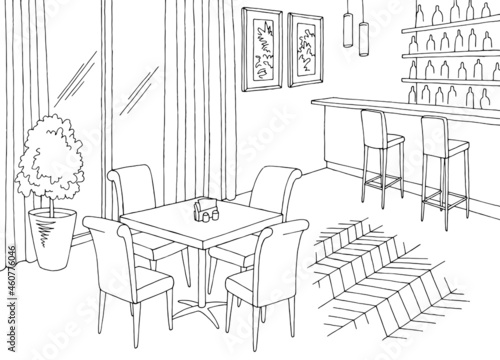 Cafe interior restaurant bar graphic black white sketch illustration vector 