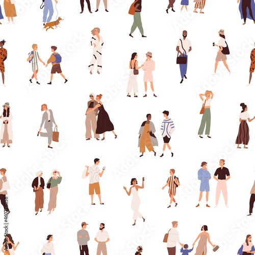 Seamless pattern with people outdoors on white background. Texture design with crowd of characters on city street, walking on different businesses. Colored flat vector illustration for printing