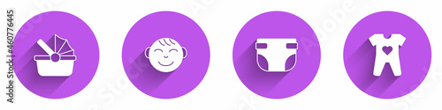 Set Baby stroller, Little boy head, diaper and clothes icon with long shadow. Vector
