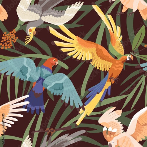 Seamless tropical pattern with parrots in jungles. Endless background with exotic birds and palm leaves. Repeatable Hawaiian print with aras and macaws. Colored flat vector illustration for fabric