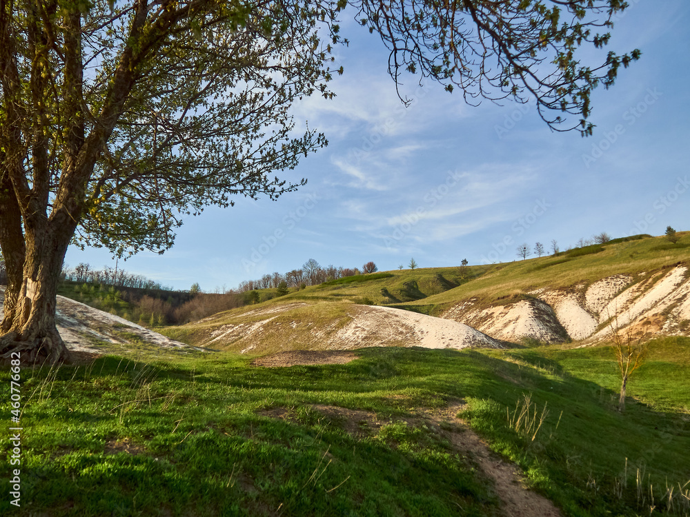 Obraz premium Chalk mountains, green grass and blue sky, spring landscape