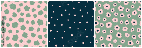 Ditsy daisy, spots and polka dots seamless repeat pattern collection. Set of different minimal all over prints.