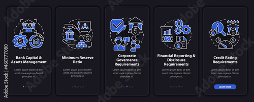 Bank regulation system onboarding mobile app page screen. Assets control walkthrough 5 steps graphic instructions with concepts. UI, UX, GUI vector template with linear night mode illustrations