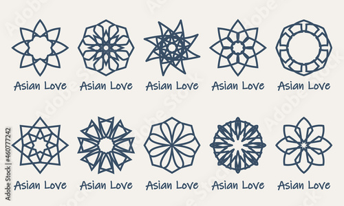 Mosaic arabic linear ornaments set. Vector geometric emblems for ornamental design or logos. Asian love symbols