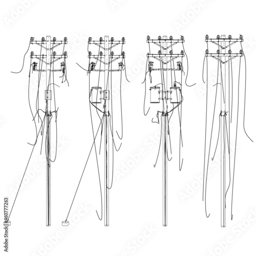 Contour of destroyed power lines from black isolated on white background. Front view. Vector illustration