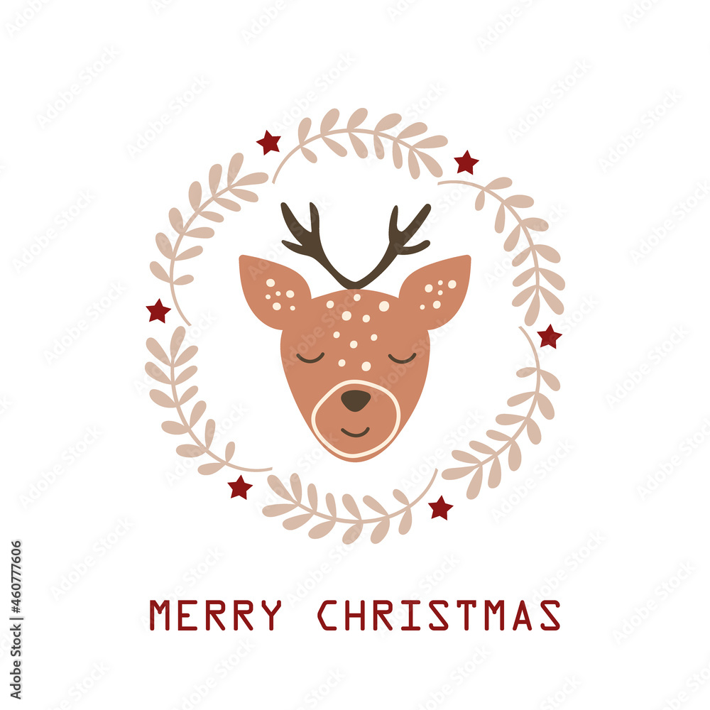Obraz premium Christmas card with reindeer head and Christmas wreath. Vector illustration.