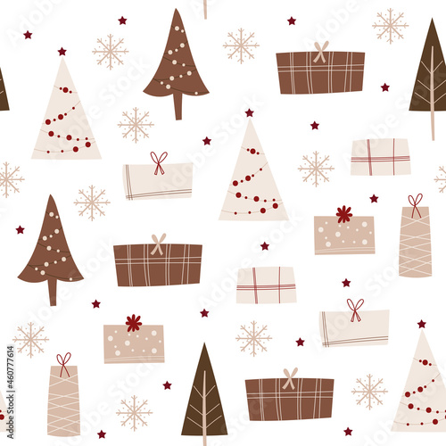 Christmas seamless pattern with trees and gifts. Vector illustration.