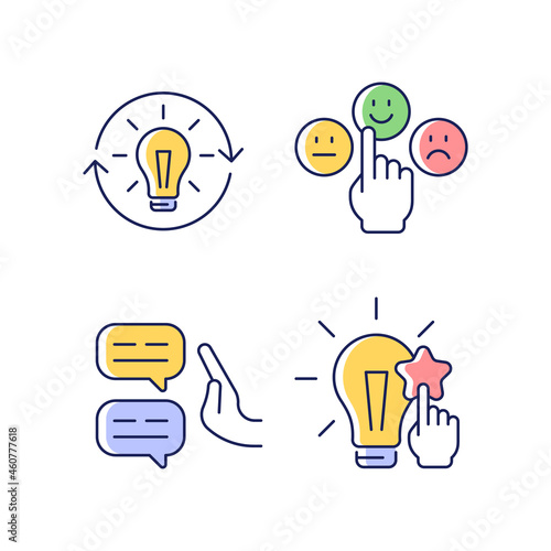 Logical and rational thinking RGB color icons set. Emotional maturity. Skeptical view. Information analysis and evaluation. Isolated vector illustrations. Simple filled line drawings collection