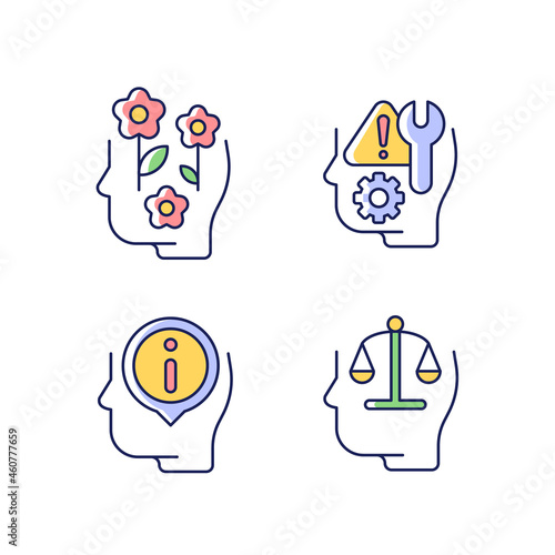 Rational and emotional mindset RGB color icons set. Positive attitude. Rationality. Emotional intelligence. Self correction. Isolated vector illustrations. Simple filled line drawings collection