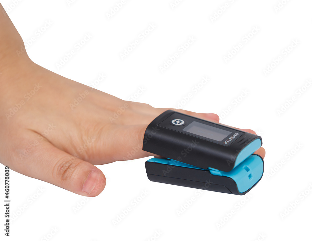Woman using fingertip pulse oximeter on white background studio isolated. Man use finger to test Woman using fingertip pulse oximeter on white background studio isolated. Man use finger to test