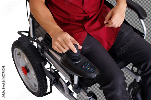 Motorized Electric wheelchair for senior elder patient. Elderly woman man go outside home hospital