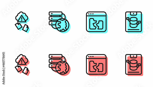 Set line Broken file, Cloud hacking, Network cloud connection and Server, Data, Web Hosting icon. Vector
