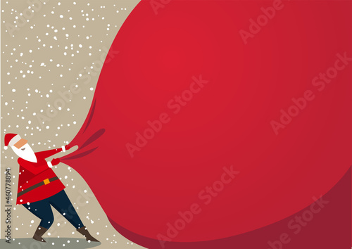Holiday banner - Santa Claus pulling a huge heavy bag of gifts