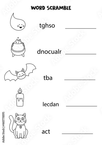 Puzzle for kids. Word scramble for children. Black and white Halloween pictures.