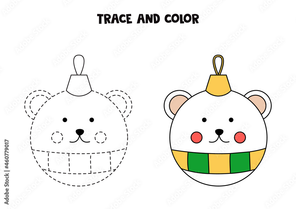 Obraz premium Trace and color cartoon Christmas bauble. Worksheet for kids.