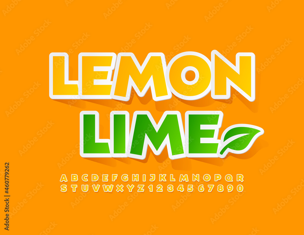 Vector colorful Sign Lemon Lime. Modern Yellow Font. Stylish Alphabet Letters and Numbers