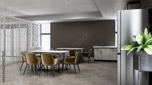 modern office pantry or kitchen area 3d render interior design for company logo mockup
