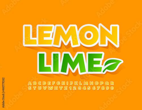 Vector colorful Sign Lemon Lime. Modern Yellow Font. Stylish Alphabet Letters and Numbers