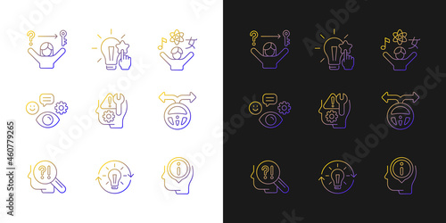 Self development skills gradient icons set for dark and light mode. Self monitoring, correction. Thin line contour symbols bundle. Isolated vector outline illustrations collection on black and white