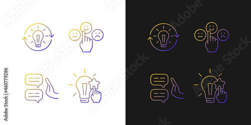 Logical and rational thinking gradient icons set for dark and light mode. Emotional maturity. Thin line contour symbols bundle. Isolated vector outline illustrations collection on black and white