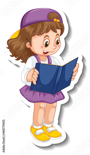 Sticker template with a girl reading a book cartoon character isolated
