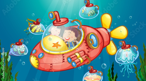 Underwater scene with happy kids in submarine exploring undersea