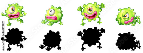 Set of green monsters with its silhouette on white background