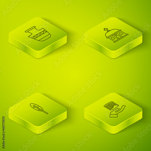 Set Isometric line Santorini building, Feather pen, Ancient column and amphorae icon. Vector