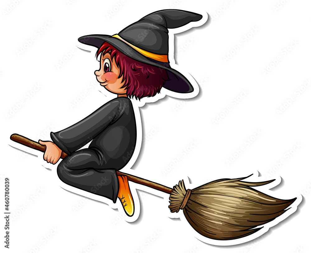 Obraz premium A witch flying with broom cartoon character sticker