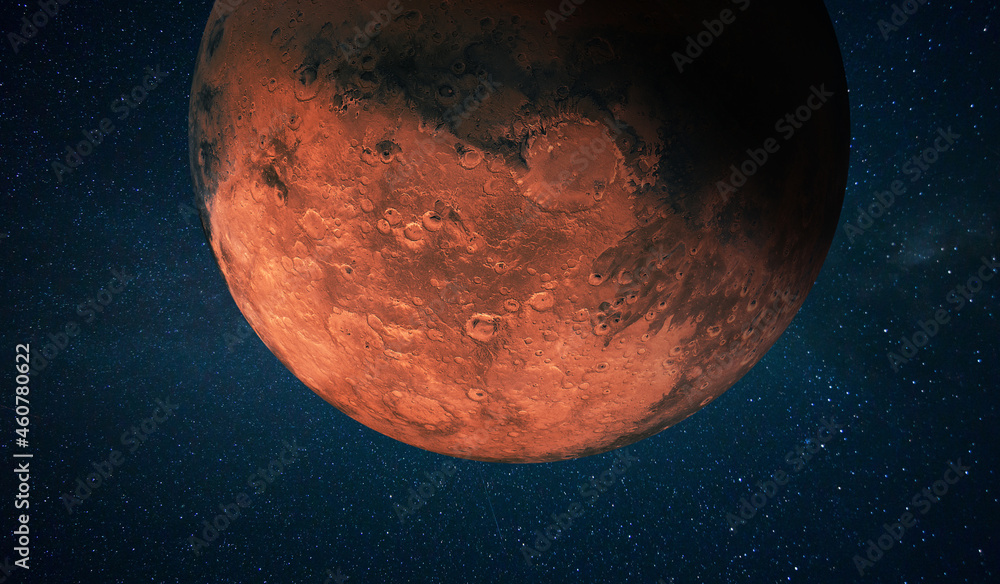 Red planet Mars with craters in space with stars. Space wallpaper concept - obrazy, fototapety, plakaty 