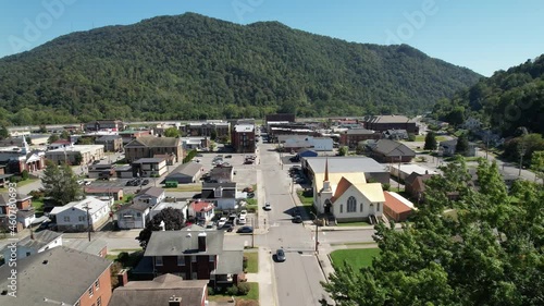 aerial pullout church steeple in pineville kentucky, church, christianity, small town america, my hometown, hometown, small town usa photo