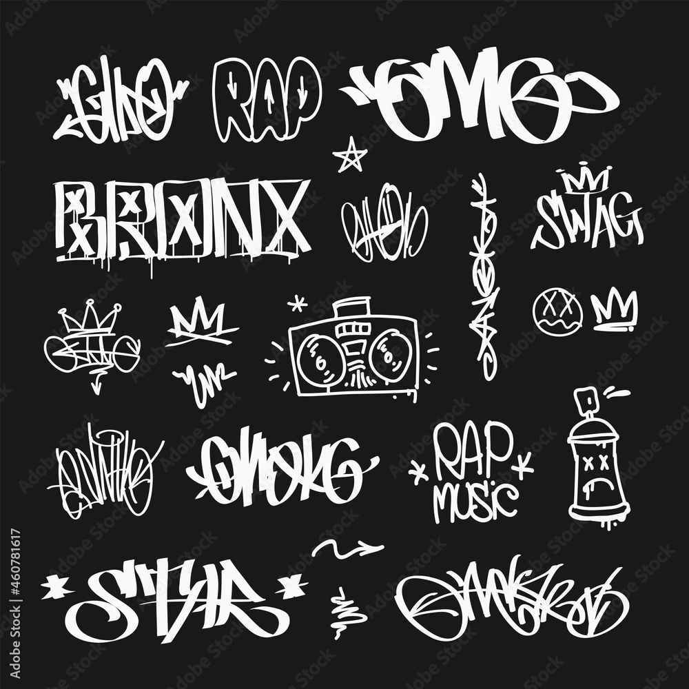 Vetor do Stock: Hip-hop and RAP music writing street art graffiti Tags  vector set. Doodle style spray paint graffiti crown tags and abstract  symbols | Adobe Stock