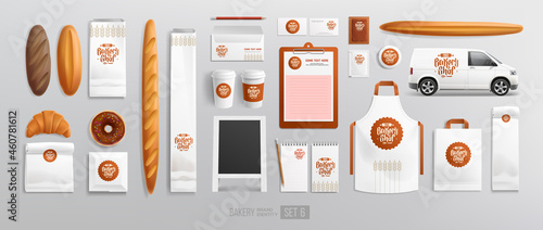 Realistic bakery food package mock-up set with Bakery Brand identity vector template. Baked goods, street menu advertising board, plastic cup, apron, paper bag