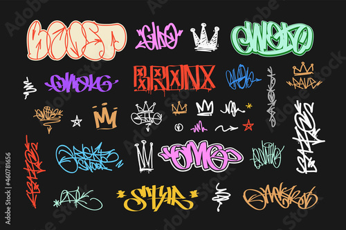 Colorful Graffiti Tags with hip-hop doodle crowns writing vector set. Doodle style spray paint graffiti crown tags and abstract symbols